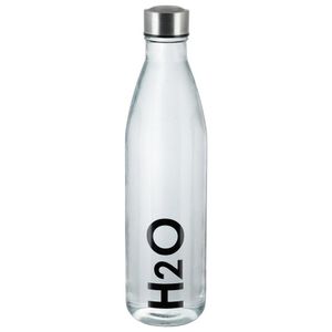AXENTIA Glas Trinkflasche H2O 650 ml, Borosilikatglas mit Edelstahl-Deckel, transparente Flasche mit schwarzem "H2O"-Aufdruck, Wasserflasche für Büro