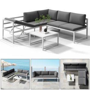 Mucola Sitzgruppe Aluminium Lounge Ecksofa mit Liegefunktion wetterfest Grau Tisch Gartengarnitur Terrassenmöbel - Weiß