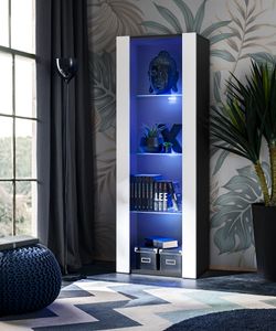 Komodee | Vitrine Schrank Tivoli mit 3 Regalböden, Korpus Schwarz Matt Frontfarbe Weiß Matt, LED Blau