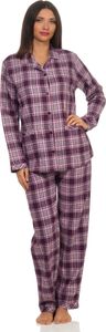 Damen Flanell Pyjama Schlafanzug langarm mit Knopfleiste und Reverskragen - 291 201 15 557 ; beere , 48