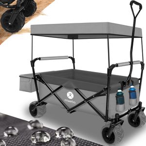 Miweba Bollerwagen MB-10 - Handwagen faltbar - Feststellbremse - 100 kg Tragkraft - 360 Grad drehbar - Sonnenschutz mit UV Schutz (Grau/Dunkelgrau)