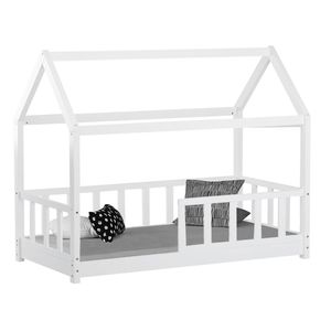 Homestyle4u 2048, Kinderbett Weiß Hausbett mit Rausfallschutz 80x160 cm Bodenbett Montessori Bett Bettenhaus Lattenrost
