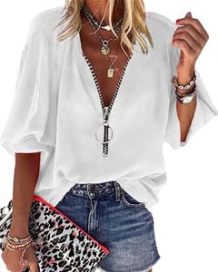 ASKSA Damen Bluse Laternenärmeln Tiefer V-Ausschnitt  Elegant Shirts Locker Reißverschluss T-Shirt Hemd Langarmshirts Tops, Weiß, XL