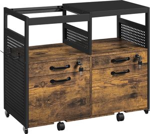 Yaheetech Rollcontainer Büroschrank auf Rollen Aktenschrank mit 2 Ablagefächer & 2 Abschließbaren Schubladen & 2 Hängendem Aktenfächer Rostbraun