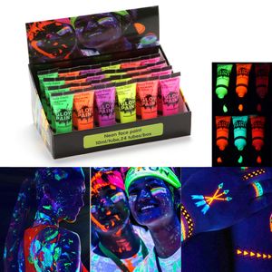 24 Tubes 10ml / 0,34oz Art Body Paint Glühen in UV-Licht Gesichts- und Körperfarbe mit 6 Farben Glow Blacklight Neon fluoreszierend für Party Clubbing Festival Halloween Make-up