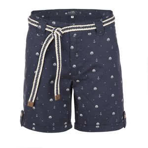 modAS Damen Bermuda Shorts mit Flechtgürtel Maritim - Damenshorts Kurze Hose mit Muschel-Anker-Print in Marine Blau Größe XXL