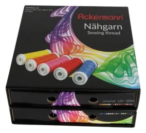 Ackermann Nähgarn Box Schwarz mit 36 x 200m verschiedenfarbige Garnrollen
