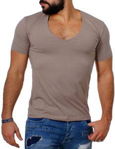 Young & Rich Herren Uni T-Shirt mit extra tiefem V-Ausschnitt slimfit deep V-Neck stretch dehnbar Basic Shirt 1315, Grösse:S, Farbe:Hellbraun
