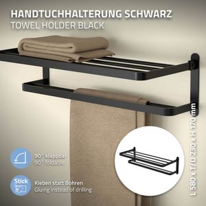 ML-Design držiak na uteráky bez vŕtania, 58 cm, čierny, z kovu