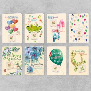 GreenLine Geburtstagskarten mit Blumensamen, 8 Stück | aus 100% baumfreien Zuckerrohrpapier | Klappkarte Blanko inkl. Umschlag | Glückwunschkarten, Blumensamen Geschenk