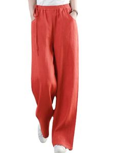 Damen Leinen Hose Weitem Bein Sommerhose Baumwolle Leinenhose Strandhose mit Taschen Orange, Größe:M