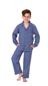 Jungen Flanell Pyjama langarm Schlafanzug in Karo Optik mit Knopfleiste - 222 501 15 851, Farbe:blau, Größe:152