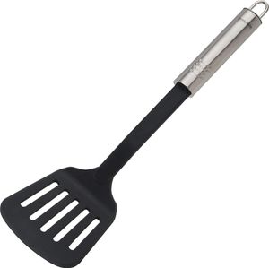 Fackelmann Schlitzwender 33 cm OVALGRIFF, praktischer Pfannenwender aus Kunststoff mit ergonomischem Griff aus Edelstahl, Küchenhelfer zum Kochen (Farbe: Silber/Schwarz)