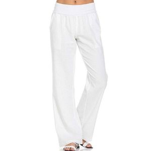 Frauen Baumwolle Leinen Elastische Hohe Taille Hosen Lässige Baggy Lose Weite Hosen,Farbe: Weiß,Größe:3XL