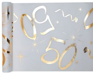 Tischläufer Vlies 50. Geburtstag - 30 cm x 5 m - weiß & gold