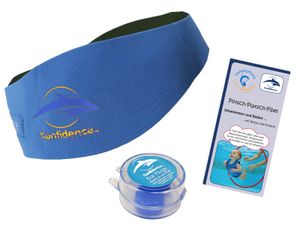Lampiphant® + Konfidence Aquaband: Neoprenstirnband mit Silikon-Ohrstöpseln und Plitsch-Platsch-Fibel, Erwachsener, Blau