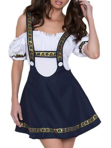 Dirndl Damen Trachtenkleid Trachtenmode Dirndlschürze Dirndlbluse Kleid für Oktoberfest Blau Weiss,Größe M