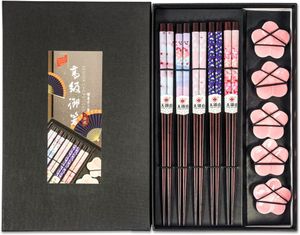 Yoaxia 5 Paar Essstäbchen + 5 Ablagen | Sakura Kirschblüten | Stäbchen aus Holz Geschenk Set