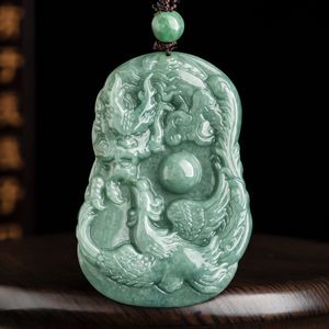 Burmesischer Jade-Drachen-Phoenix-Anhänger, natürlicher grüner Smaragd, Amulett-Halskette, Jadeit-Amulett-Schmuck, geschnitzt