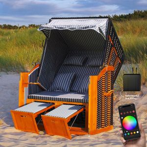 RGB Strandkorb XXL inkl. Abdeckcover LED Luxus Volllieger Gartenliege Ostsee + 4 Kissen, Klapptische, Zeitungsfächer