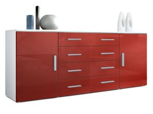 Vladon Sideboard Faro V2, Kommode mit 2 Türen und 4 Schubladen, Weiß matt/Bordeaux Hochglanz (166 x 72 x 35 cm)