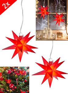 2x LED 3D Leuchtstern zum hängen -  Ø12cm - Weihnachtsstern beleuchtet Fenster Deko Advent Stern - mit Batterie und Timer Rot