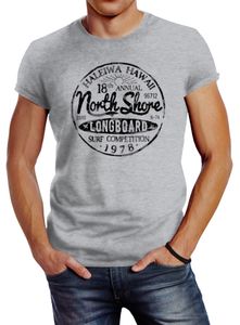 Herren T-Shirt North Shore Longboard Retro Surf Motiv Wellenreiten Slim Fit Neverless® grau XL