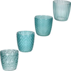 4tlg Set Windlicht Marilu eisblau aus Glas Weihnachts-Kerzen Teelicht-Halter