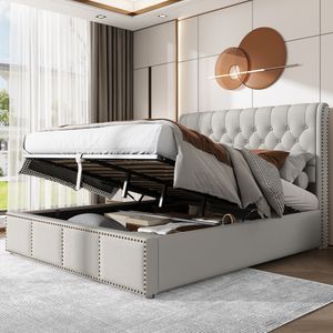 Merax Hydraulická postel Boxspring 140x200 cm Čalouněná postel se zásuvkou a lamelovým rámem, úložný prostor Funkční postel s nýtovaným lemováním a úložným prostorem, lněná manželská postel, světle šedá