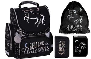 Schulranzen Set 3 teilig Tornister Mädchen Schwarz Einhorn