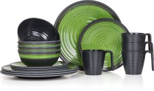 Melamin Camping Geschirr Set 4 Personen Stone Green + 4 Tassen Stone Kaffetassen Becher Tafelgeschirr Picknick BBQ Kochgeschirr