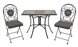 DEGAMO Gartenset Sitzgruppe Bistroset SIENA 3-teilig (2x Stuhl, 1x Wandtisch rechteckig 45x90cm), Eisen schwarz +Nachbildung Mosaik grau/weiss