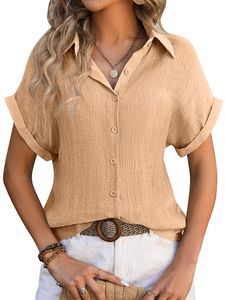 Damen Blusen Button Tunic Shirt Casual Tops Lose Hemden Locker Sommer Shirts Oberteile Khaki,Größe M