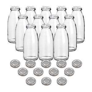 gouveo 12er Set Saftflasche 250 ml mit Schraub-Deckel silberfarben - Kleine Glasflasche 0,25 l mit TO43 Verschluss - Leere Flasche zum Befüllen für Küche und Haushalt