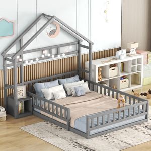 Dětská postel Merax 140x200 cm s ochranou proti vypadnutí, nočním stolkem a lamelovým roštem, podlaha z masivního dřeva, jednolůžko a dvoulůžko, domácí postel, šedá barva