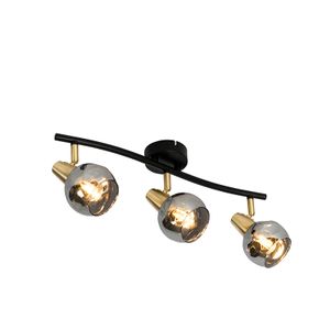 QAZQA - Art Deco Deckenleuchte I Deckenlampe I Lampe I Leuchte Gold I Messing 56 cm mit Rauchglas 3-flammig-Licht - Vidro I Wohnzimmer I Schlafzimmer - Länglich - LED geeignet E14