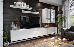 3xEliving Moderná obývacia zostava Lambusco, nástenná skrinka, nábytok na TV, biela farba s vysokým leskom a LED / rôzne farby