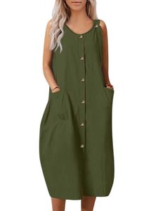 Damen Sommerkleider Baumwolle Leinen Kleider Ärmelloses Freizeitkleider Strandkleid Armeegrün,Größe XL