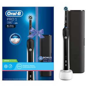 Oral-B Pro 1 750 Black Edition Elektrische Zahnbürste für eine gründliche Reinigung, Reise-Etui, schwarz