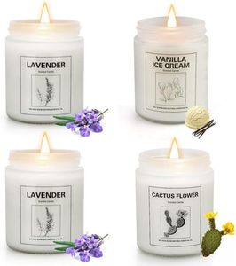 Duftkerzen im Glas 4 Stück Set Lavendel Kaktus Eis & Vanille Kerzen für Raumduft 200g Natürlich Sojawachs Entspannende Aromatherapie Kerzen Geschenkset