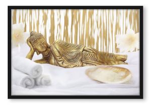 goldener Buddha auf Handtuch Poster im Bilderrahmen / Format: 38x30cm / Kunstdruck gerahmt