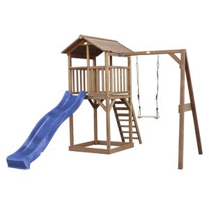 AXI Beach Tower Spielturm aus Holz in Braun | Spielhaus für Kinder mit blauer Rutsche, Schaukel und Sandkasten | Stelzenhaus für den Garten
