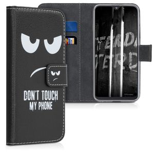 kwmobile Wallet Case kompatibel mit Samsung Galaxy A20e Hülle - Cover mit Ständer und Kartenfächern - Don't touch my Phone Weiß Schwarz