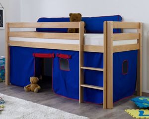 Hochbett ALEX Kinderbett Spielbett Bett Natur Stoffset Blau/Rot, Matratze:ohne