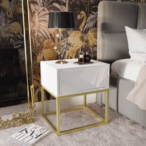 BLANCO GOLD II Nachttisch auf einem goldenen Gestell, Gold matt / Weiß hochglanz