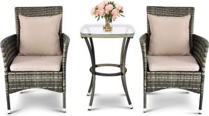 Balkonmöbel Set 3 teilig, Rattan Gartenmöbel Set Bistrotisch mit 2 Stühlen, Rattan Balkonset Sitzgruppe 2 Personen