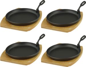Servierpfanne mit Holzuntersetzer Ø 22cm, Gusseisen 4 Stück im Set
