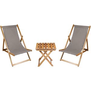 2 x Liegestuhl + Beistelltisch Strandliege Holz Sonnenliege Gartenliege Gartentisch Geölt Beige