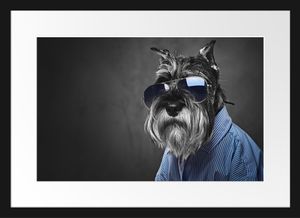 Lustiger Hund mit Hemd und Sonnenbrille B&W DetailBilderrahmen mit Galerie-Passepartout / Format: 55x40cm / gerahmt / hochwertige Leinwandbild Alternative