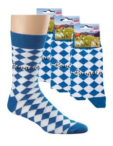 3 Paar Bayern Socken blau weiß Rauten mit Komfortbund uni  Gr. 42/47
